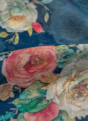 Art Linen Fabric – Navy Blue Color with Vibrant Digital Floral Print