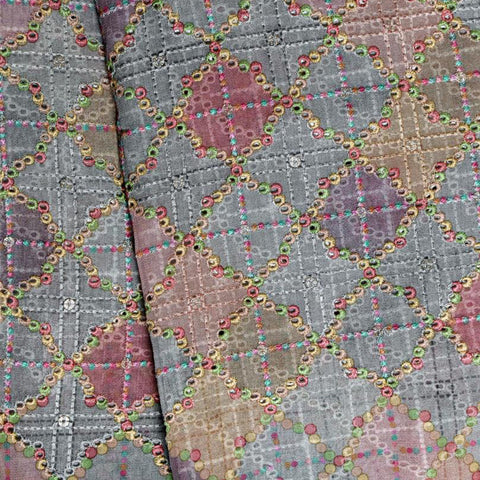 (Pre Cut -1 Meter) Multi Colour And Grey Geometrical Schiffli Pattern Embroidery Pure Georgette Fabric