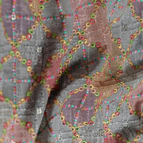 (Pre Cut -1 Meter) Multi Colour And Grey Geometrical Schiffli Pattern Embroidery Pure Georgette Fabric