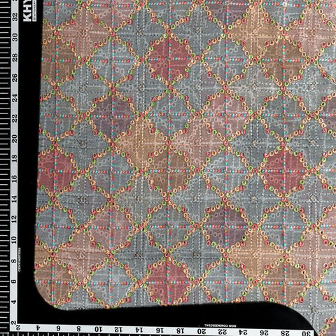 (Pre Cut -1 Meter) Multi Colour And Grey Geometrical Schiffli Pattern Embroidery Pure Georgette Fabric