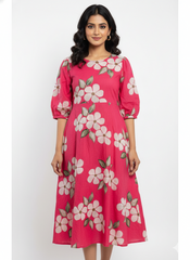 Pure Muslin Pink Color Big Floral Digital Printed Fabric with Kupi Work