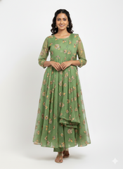 Mul Chanderi Green Color Floral Pattern Embroidery Fabric.
