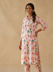 Linen Satin Baby Pink Color Floral Pattern Digital Print Fabric.