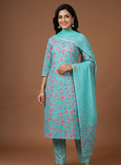 Pure Cotton Cambric Sky Blue Color Floral Pattern Mix & Match Fabric With Dupatta.