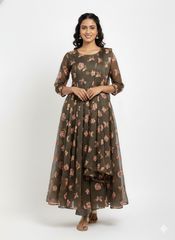 Mul Chanderi Olive Color Floral Pattern Embroidery Fabric.