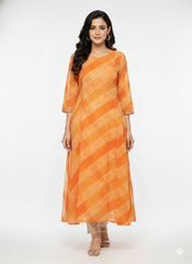 Mul Chanderi Orange Color Brush Print Stripe Pattern Embroidery Fabric.