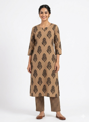 Cotton Flex Mix & Match Fabric in Beige & Black with Floral Buta and Linear Discharge Print Design