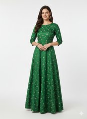 Pure Viscose Satin Emerald Green Color With Jacquard Butti Dyed Fabric