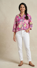 Linen Satin Purple Color Floral Pattern Digital Print Fabric.