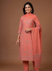 Pure Cotton Cambric Salmon Pink Color Floral Pattern Mix & Match Fabric With Dupatta.