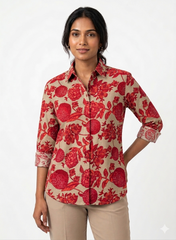 Beige Color With Maroon Color Floral Pattern Cotton Flex Discharge Print Fabric.
