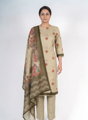 Premium Ivory Linen Suit Set with Delicate Printed Border
