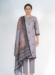 Lavender Linen Unsitiched Suit Set with Contrast Border & Floral Motifs