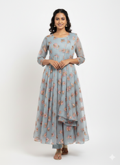 Mul Chanderi Grey Color Floral Pattern Embroidery Fabric.