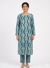 Teal Green & Ivory Ikat Print Cotton Cambric Mix & Match Fabric Set