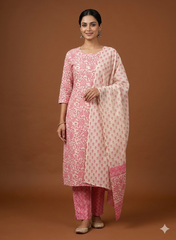 Pure Cotton Cambric Off-White And Bright Pink Color Floral Pattern Mix & Match Fabric With Dupatta.