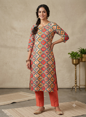 Linen Satin Multi Color Traditional Digital Print Fabric.