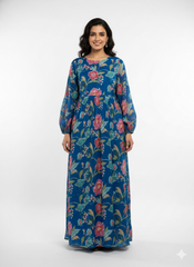 Pure Muslin Navy  Blue Color Floral Digital Printed Fabric with Kupi Work