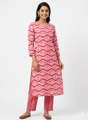 Deep Coral & Off-White Ethnic Print Cotton Cambric Fabric Combo