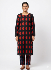 Cotton Flex Mix & Match Fabric – Black Base with Red Abstract Motif & Blue Geometric Print