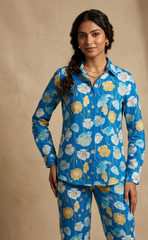 Linen Satin Ocean Blue Color Floral Pattern Digital Print Fabric.