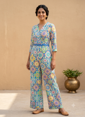 Linen Satin Blue Color Floral Pattern Digital Print Fabric.