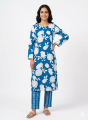 Ivory Floral Navy Blue Color Print Cotton Cambric Mix & Match Fabric Set