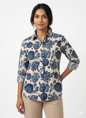 Beige Color With Blue Color Floral Pattern Cotton Flex Discharge Print Fabric.