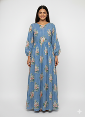 Pure Muslin Blue Color Thin Stripes Digital Printed Fabric with Kupi Work