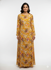 Pure Muslin Dark Yellow Color Floral Digital Printed Fabric with Kupi Work