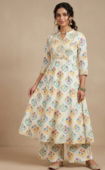 Linen Satin Mint Green Color Ikat Pattern Digital Print Fabric.