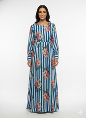 Pure Muslin Blue Color Thick Stripes Digital Printed Fabric with Kupi Work