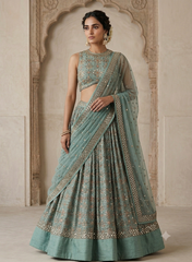 Pure Dola Silk Seafoam Green Color Resham And Sequins Work Embroidery Fabric.