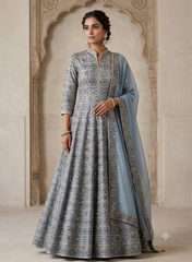 Pure Dola Silk Grey Color Resham And Sequins Work Embroidery Fabric.