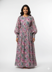 Pure Muslin Lavender Color Digital Printed Fabric with Kupi Work