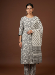 Pure Cotton Cambric Grey Color Floral Pattern Mix & Match Fabric With Dupatta.