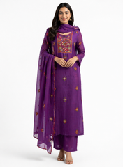 Royal Purple Milk Chanderi Embroidered Top Bottom Dupatta Set