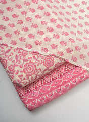 Pure Cotton Cambric Off-White And Bright Pink Color Floral Pattern Mix & Match Fabric With Dupatta.