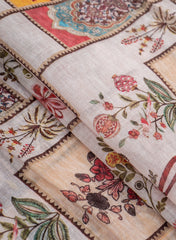 Art Linen Off-White Color Floral Pattern Hybrid Print Fabric.