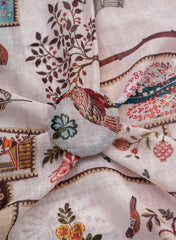 Art Linen Off-White Color Floral Pattern Hybrid Print Fabric.