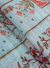 Art Linen Baby Blue Color Floral Pattern Hybrid Print Fabric.