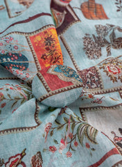 Art Linen Baby Blue Color Floral Pattern Hybrid Print Fabric.