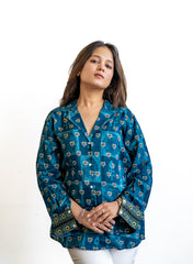 Aarohi – Pure Muslin Teal Ethnic Print Shirt with Statement Back Motif