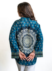 Aarohi – Pure Muslin Teal Ethnic Print Shirt with Statement Back Motif