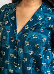 Aarohi – Pure Muslin Teal Ethnic Print Shirt with Statement Back Motif
