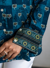 Aarohi – Pure Muslin Teal Ethnic Print Shirt with Statement Back Motif