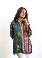 Myra – Teal Pure Muslin Shirt with Contemporary Floral & Stripe Fusion Pattern