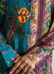 Myra – Teal Pure Muslin Shirt with Contemporary Floral & Stripe Fusion Pattern