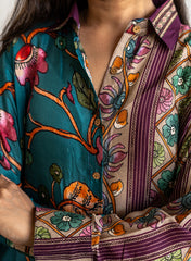 Myra – Teal Pure Muslin Shirt with Contemporary Floral & Stripe Fusion Pattern