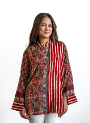 Inaaya – Maroon Pure Muslin Shirt with Ajrakh-Inspired Motif & Stripe Fusion